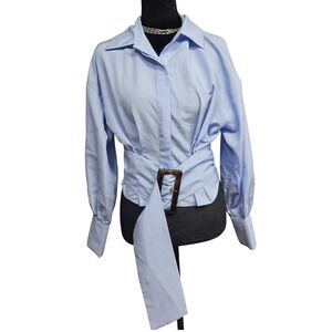 Aveloria Light Blue Pinstripe Belted Waist Blouse Tortoise Buckle Size S